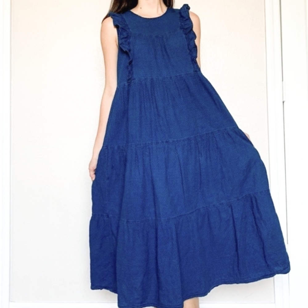 Madewell Navy Blue Tiered Midi Dress with Ruffle Shoulders